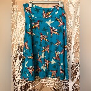 LuLaRoe XL Azure Teal Skirt with Colorful Hummingbird Pattern